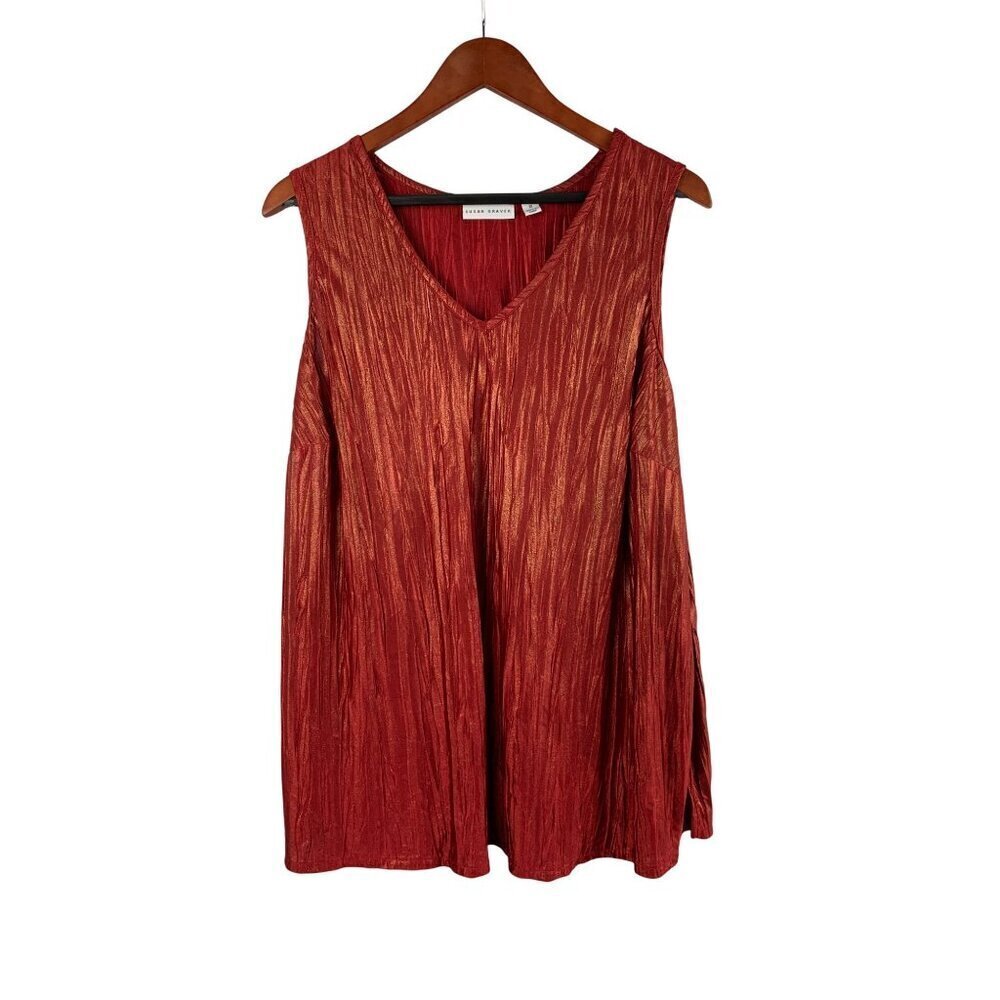 Susan Graver Womens Red Sleeveless V-Neck Crinkle Tank Top 1X